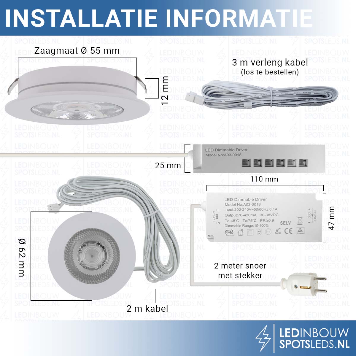 Set 3 stuks led meubelspots - dimbaar 3 watt - 340 lumen - wit - 2700k