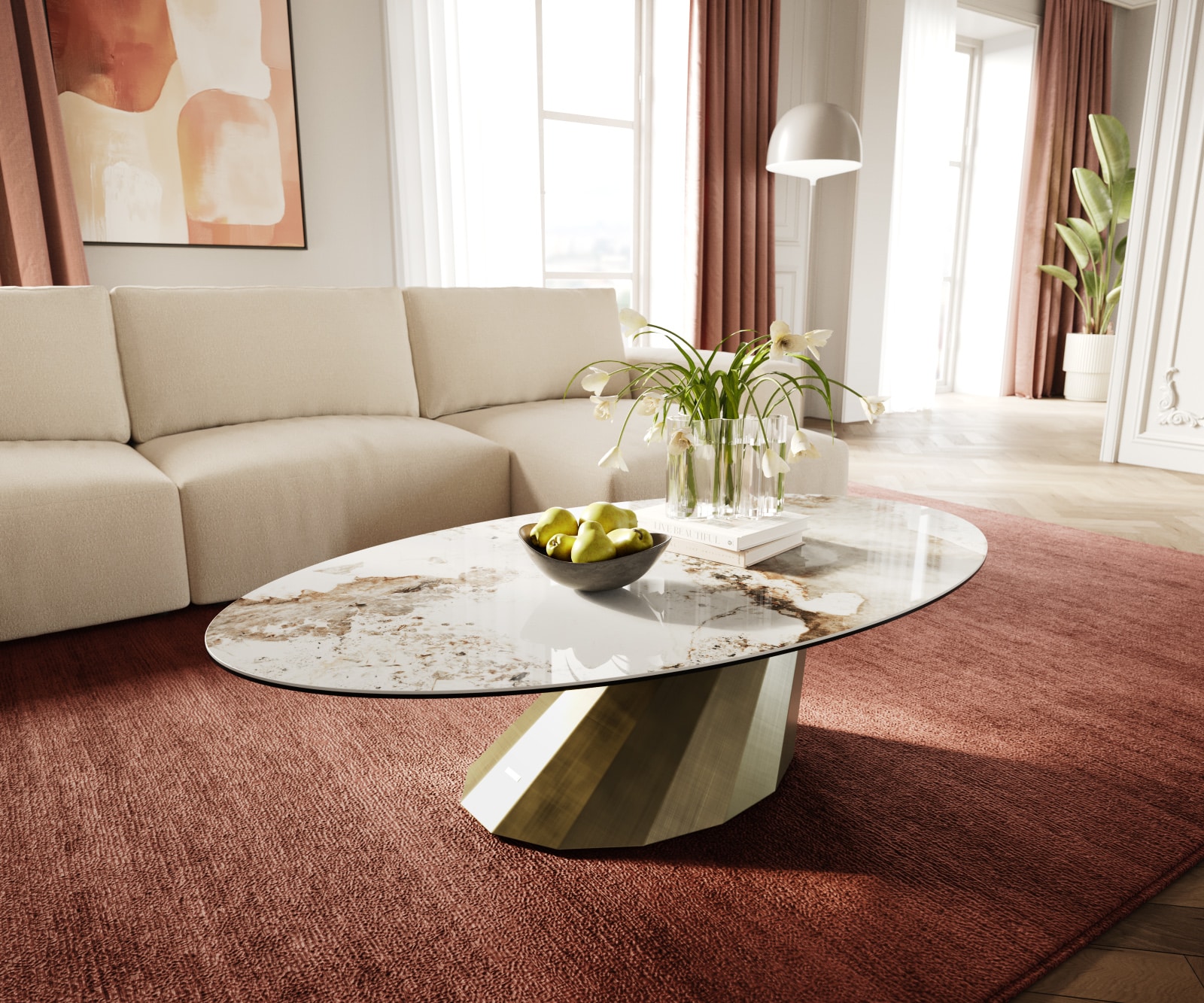 DELIFE Couchtisch Edge Oval 140x80 cm Keramik Minas Melange Parabi Metallic Gold