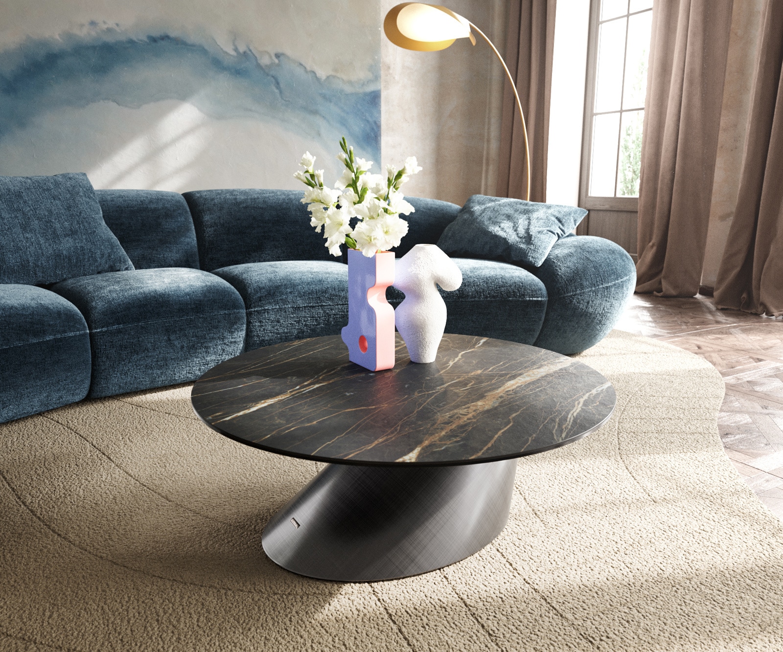 DELIFE Couchtisch Edge Rund 90x90 cm Keramik Laminam Noir Desir Braun Conis Metallic Silber