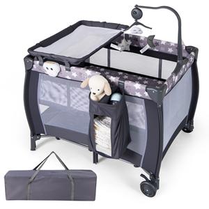 Costway 3 in 1 Opklapbaar Bedje Reisbed met Matras Hangspeelgoed Speelklok Grijs