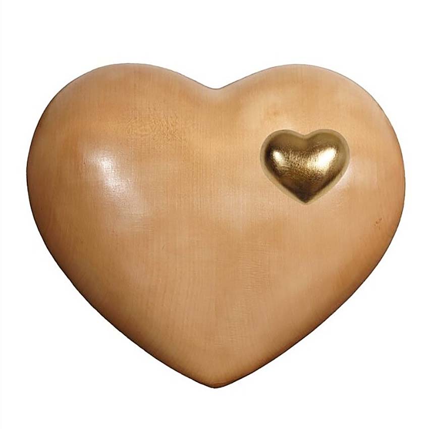 Urnwebshop Grote Licht Gebeitste Houten Hart Urn, met gouden hartje (3 liter)