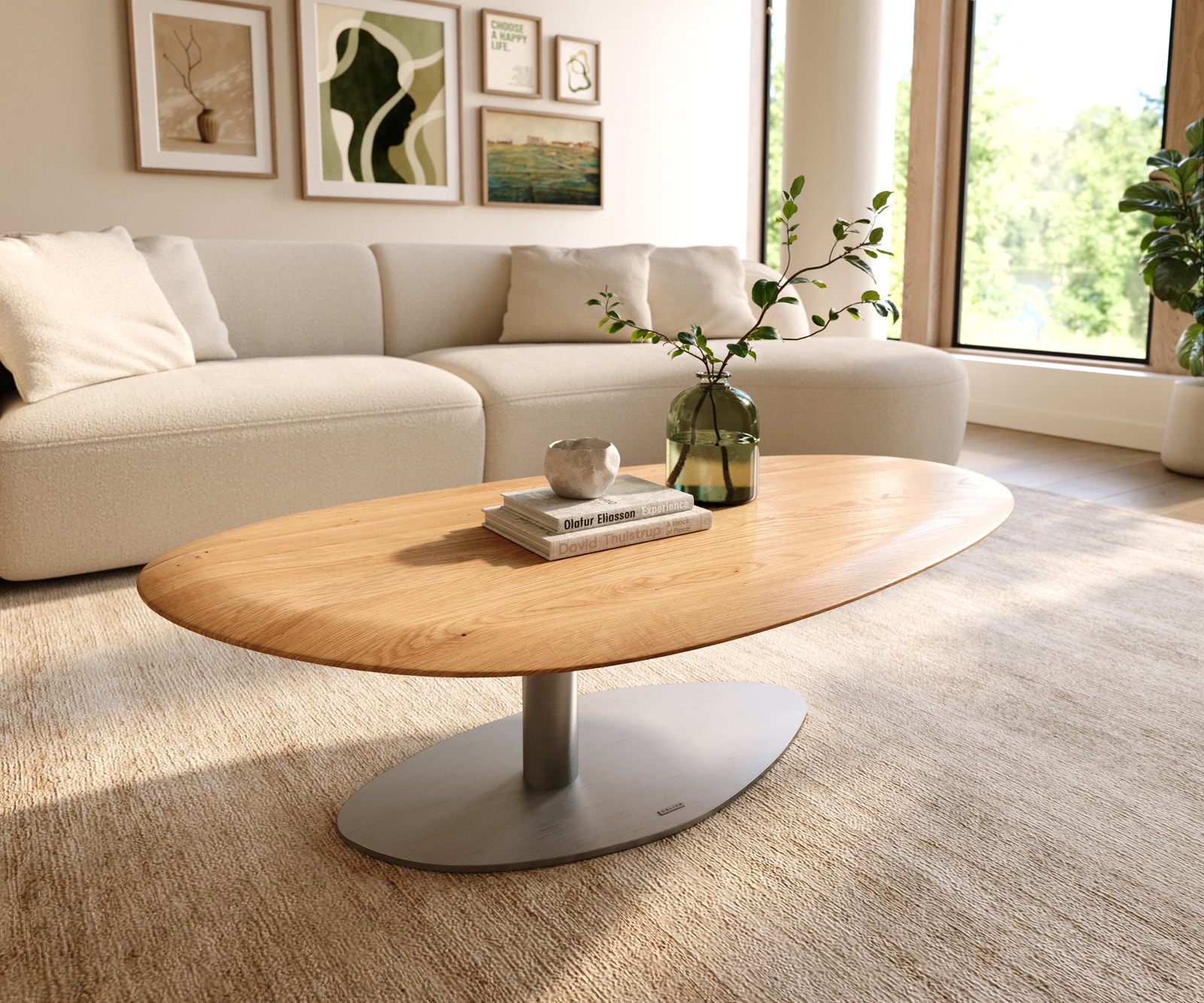 DELIFE Couchtisch Edge Oval 140x75 cm Eiche Natur Runde Kante Vibany Edelstahl gebürstet