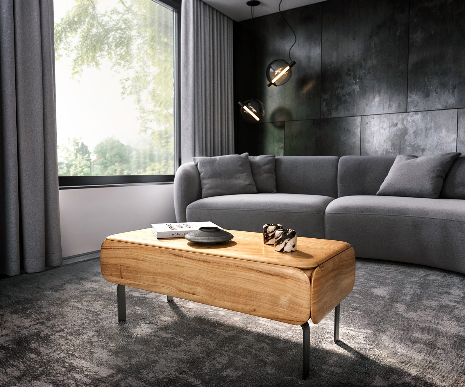 DELIFE Couchtisch Shavani 100x50 cm Akazie Natur 2 Schubladen L-Fuß Metall Schwarz