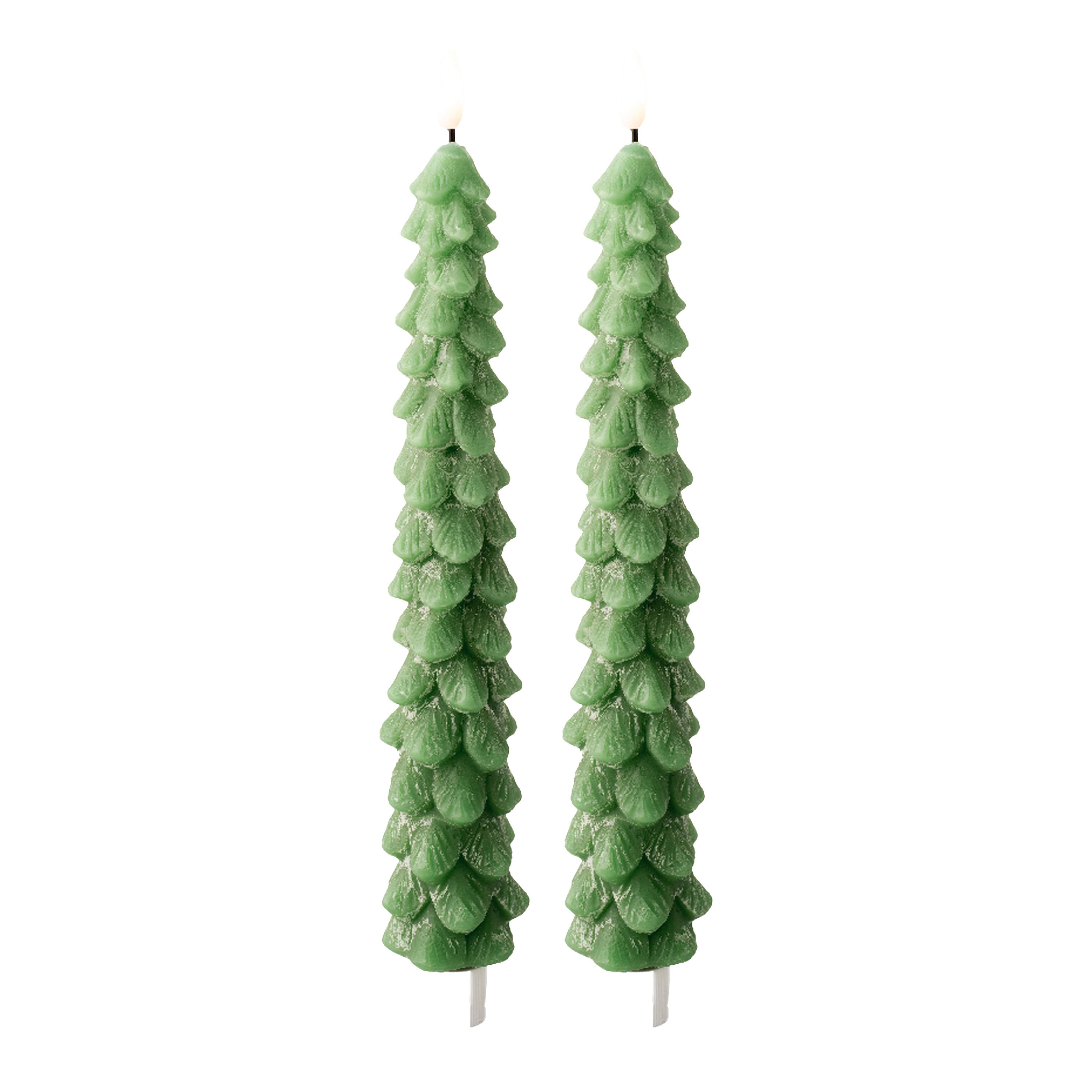Lumineo LED kerstboom dinerkaars - 2x - groen - 29 cm - batterijen - timer - kerstdiner kaars - kerstkaars -