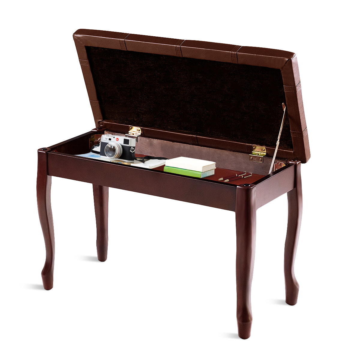 Costway Houten Dubbele Pianobank Pianokruk van Massief Hout Pianobank Gestoffeerd Pianozitbank Klavier Bank 75 x 35 x 49 cm (Bruin)