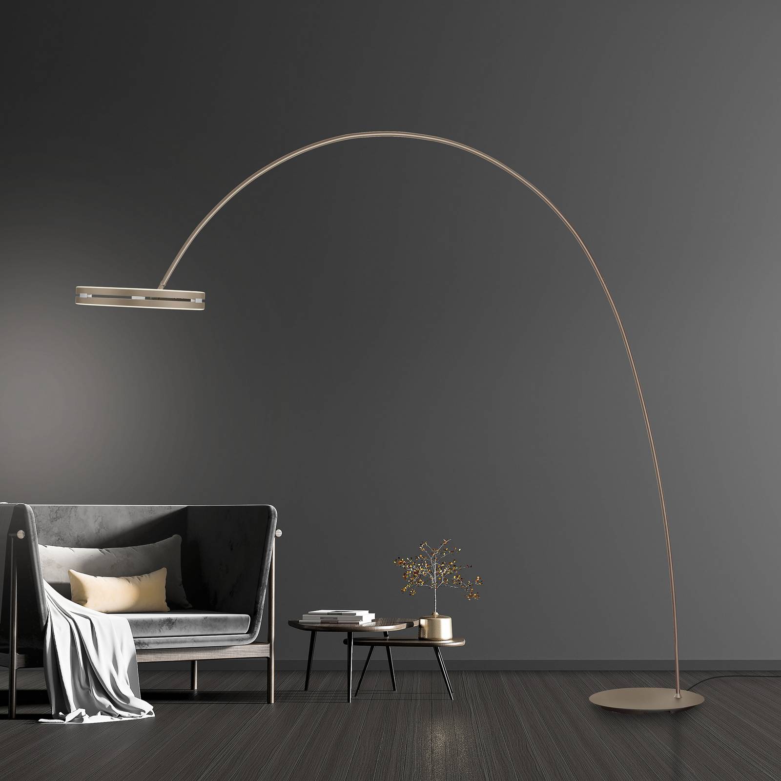 Pure LED vloerlamp Loop-Bow, bronskleurig, reikwijdte 290 cm