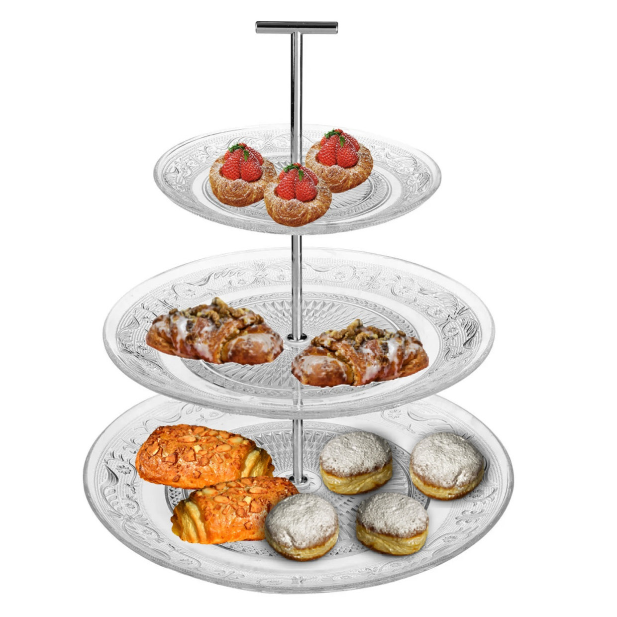 Secret de Gourmet Etagere 3 laags - transparant - metaal - D29 x H35 cm - Hightea - Taartjes - Decoratief - Serveersch -
