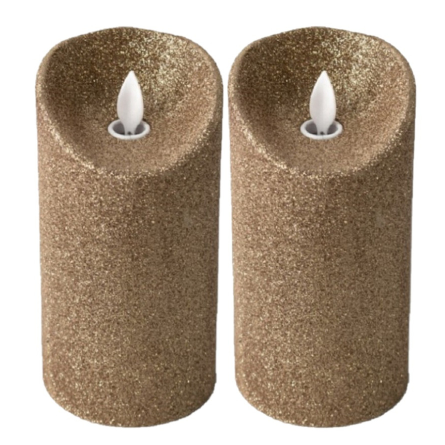 Gerimport LED kaars/stompkaars - 2x stuks - goud - H15 cm - glitters - kerst kaarsen -