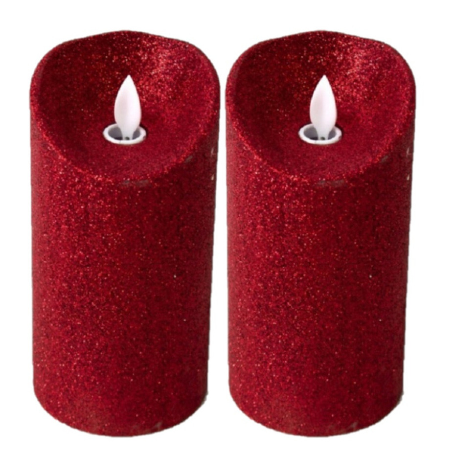 Gerimport LED kaars/stompkaars - 2x stuks - rood - H15 cm - glitters - kerst kaarsen -