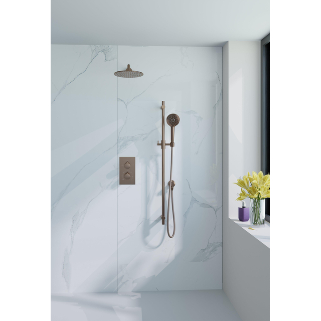 Fortifura Calvi Inbouw Regendoucheset - thermostatisch - wandarm - glijstang - 30cm hoofddouche - ronde handdouche - gladde doucheslang - Geborsteld koper PVD (Koper) SW970043/SW1139124/SW1159496/SW79