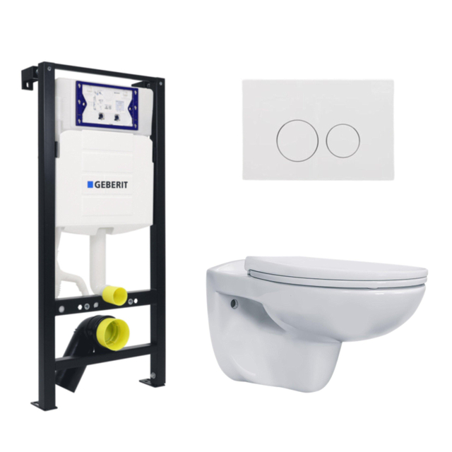 Geberit/Plieger Plieger QeramiQ Basic Start Classico Toiletset - UP320 inbouwreservoir - wandcloset - randloos - zitting - softclose - witte bedieningsplaat - ronde knoppen - wit SW1381697/SW1152613/SW706186