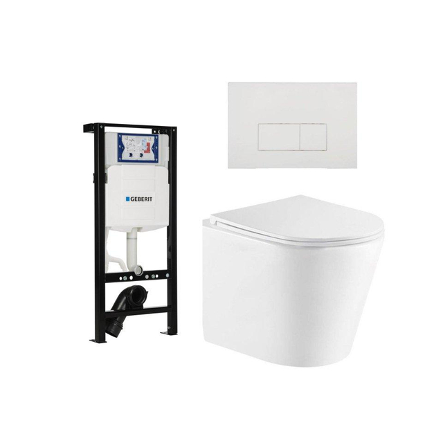Geberit QeramiQ Dely Toiletset - 36.3x51.7cm - diepspoel - rimless -  UP320 plieger inbouwreservoir - softclose toiletzitting - mat witte bedieningsplaat - rechtehoekige knoppen - wit mat SW1026254/SW1
