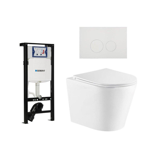 Geberit QeramiQ Dely Toiletset - 36.3x51.7cm - diepspoel - rimless -  UP320 plieger inbouwreservoir - softclose toiletzitting - mat witte bedieningsplaat - ronde knoppen - mat wit SW1000766/SW1381697/S