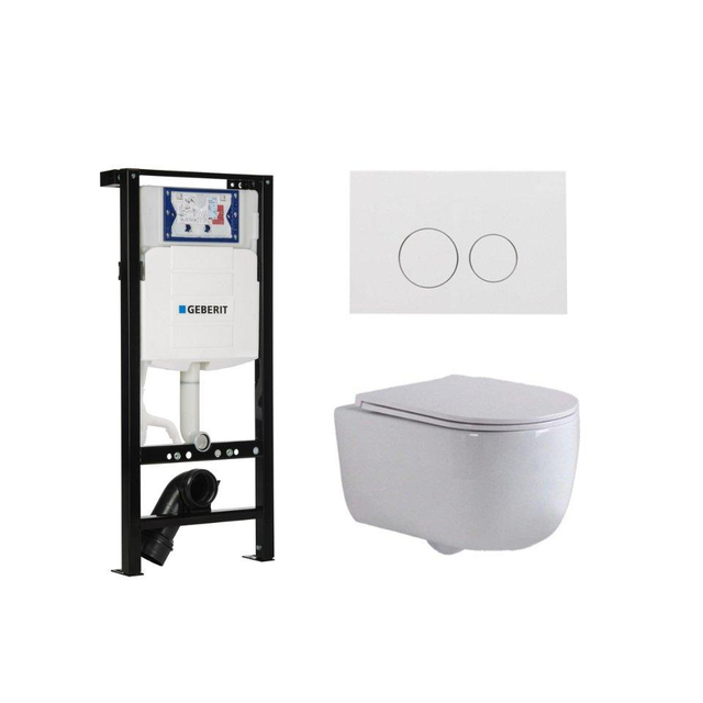 Geberit QeramiQ Dely Swirl Toiletset - 36.3x51.7cm -  UP320 plieger inbouwreservoir - slim zitting - glans witte bedieningsplaat - ronde knoppen - wit mat SW1381697/SW706186/SW1000766/SW1026257