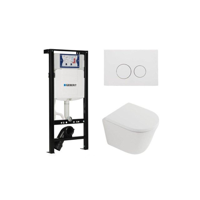 Geberit QeramiQ Dely Toiletset - 36.3x51.7cm - diepspoel - rimless -  UP320 plieger inbouwreservoir - softclose toilet zitting 35 mm - mat witte bedieningsplaat - ronde knoppen - mat wit SW1026254/SW10