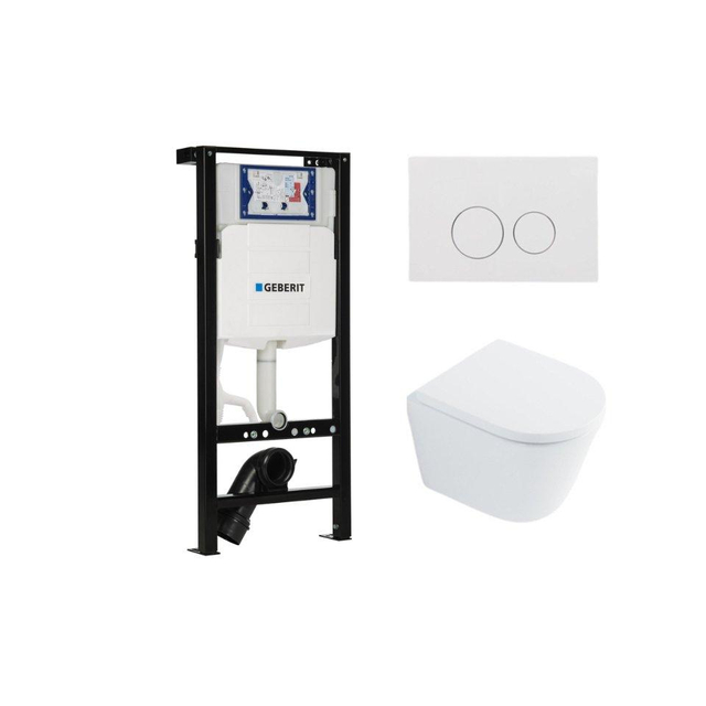 Geberit QeramiQ Dely Toiletset - 36.3x51.7cm - diepspoel - rimless -  UP320 plieger inbouwreservoir - softclose toilet zitting 35 mm - glans witte bedieningsplaat - ronde knoppen - wit glans SW1026255 