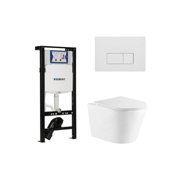 Geberit QeramiQ Dely Toiletset - 36.3x51.7cm - diepspoel - rimless -  UP320 plieger inbouwreservoir - softclose toiletzitting - mat witte bedieningsplaat - rechtehoekige knoppen - wit glans SW1026255/S