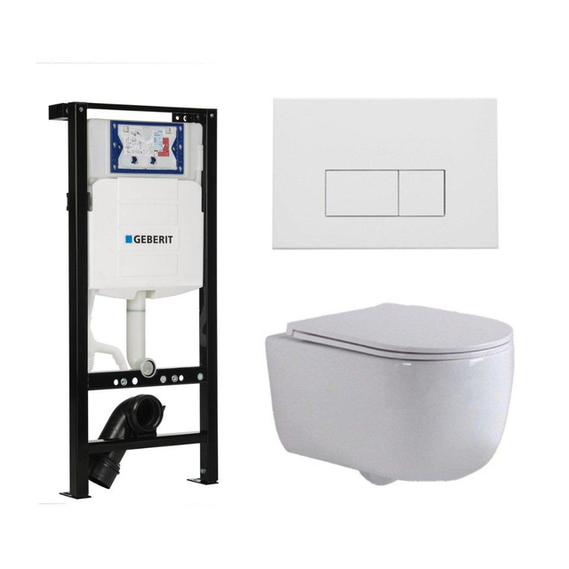 Geberit QeramiQ Dely Swirl Toiletset - 36.3x51.7cm - diepspoel - rimless -  UP320 plieger inbouwreservoir - slim zitting - mat witte metalen bedieningsplaat - rechtehoekige knoppen - wit mat SW1381697/
