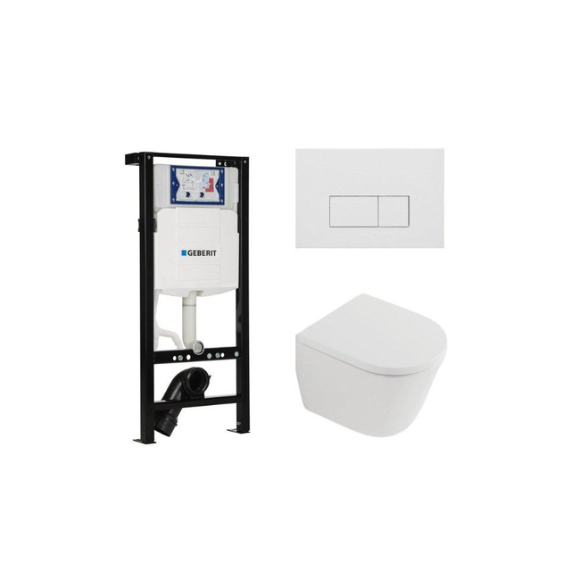 Geberit QeramiQ Dely Toiletset - 36.3x51.7cm - diepspoel - rimless -  UP320 plieger inbouwreservoir - softclose toilet zitting 35 mm - mat witte bedieningsplaat - rechthoekige knoppen - mat wit SW10262