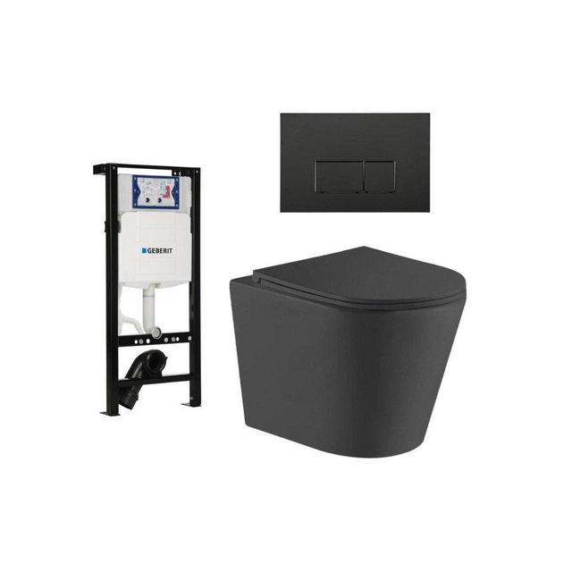Geberit QeramiQ Dely Toiletset - 36.3x51.7cm - diepspoel - rimless -  UP320 plieger inbouwreservoir - softclose toiletzitting - mat zwarte bedieningsplaat - rechtehoekige knoppen - zwart mat SW1026253/