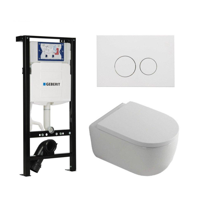 Geberit QeramiQ Dely Swirl Toiletset - 36.3x51.7cm - diepspoel - rimless -  UP320 plieger inbouwreservoir - 35mm zitting - mat witte metalen bedieningsplaat - ronde knoppen - wit mat SW1381697/SW706190