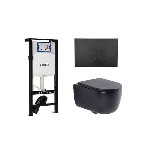 Geberit QeramiQ Dely Swirl Toiletset - 36.3x51.7cm -  UP320 plieger inbouwreservoir - slim zitting - mat zwarte bedieningsplaat - ronde knoppen - mat zwart SW1381697/SW706188/SW1000768/SW1026258