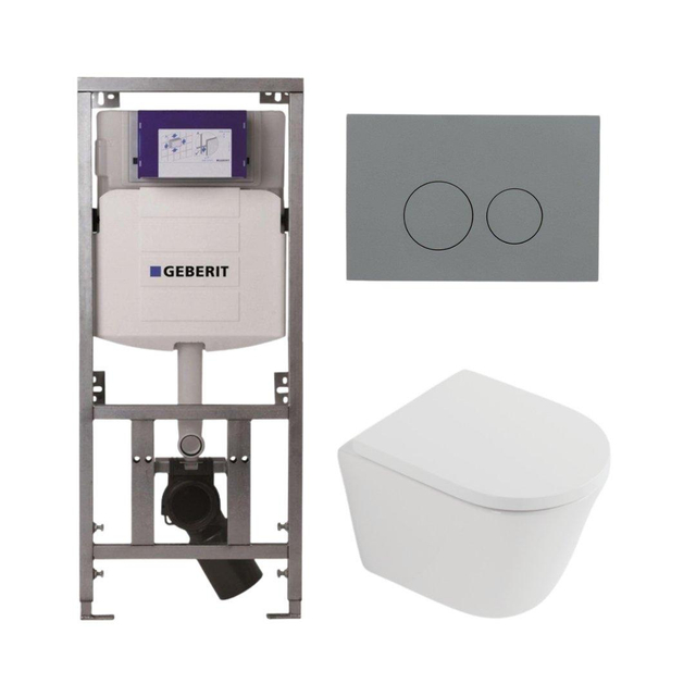 Geberit QeramiQ Dely Toiletset - 36.3x51.7cm - diepspoel - rimless -  UP320 inbouwreservoir - softclose toilet zitting 35 mm - bedieningsplaat licht grijs - ronde knoppen - mat wit SW1026254/SW1000767/