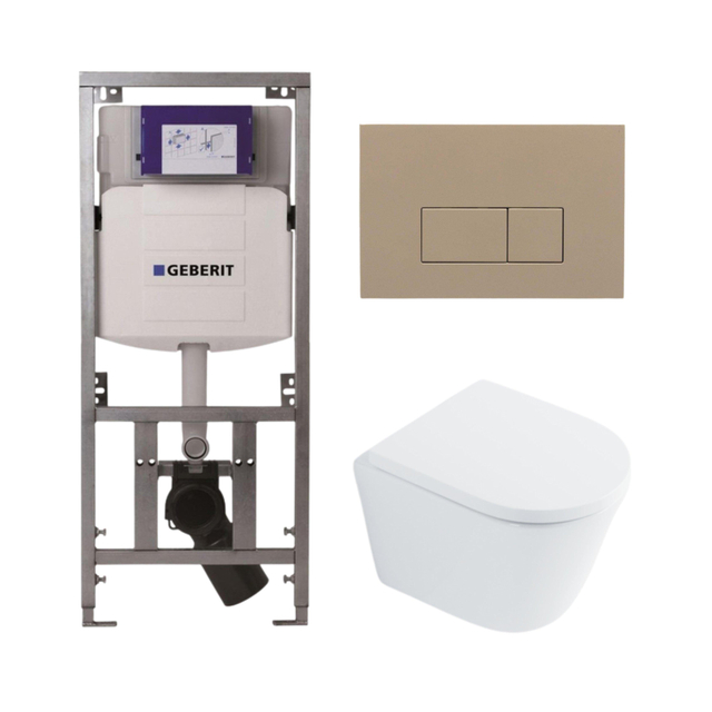 Geberit QeramiQ Dely Toiletset - 36.3x51.7cm - diepspoel - rimless -  UP320 Burda inbouwreservoir - softclose toilet zitting 35 mm - bedieningsplaat taupe - rechthoekige knoppen - wit glans SW1026255 /