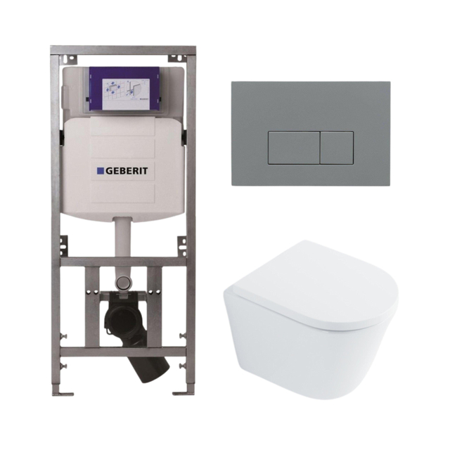 Geberit QeramiQ Dely Toiletset - 36.3x51.7cm - diepspoel - rimless -  UP320 inbouwreservoir - softclose toilet zitting 35 mm - bedieningsplaat licht grijs - rechthoekige knoppen - wit glans SW1026255 /