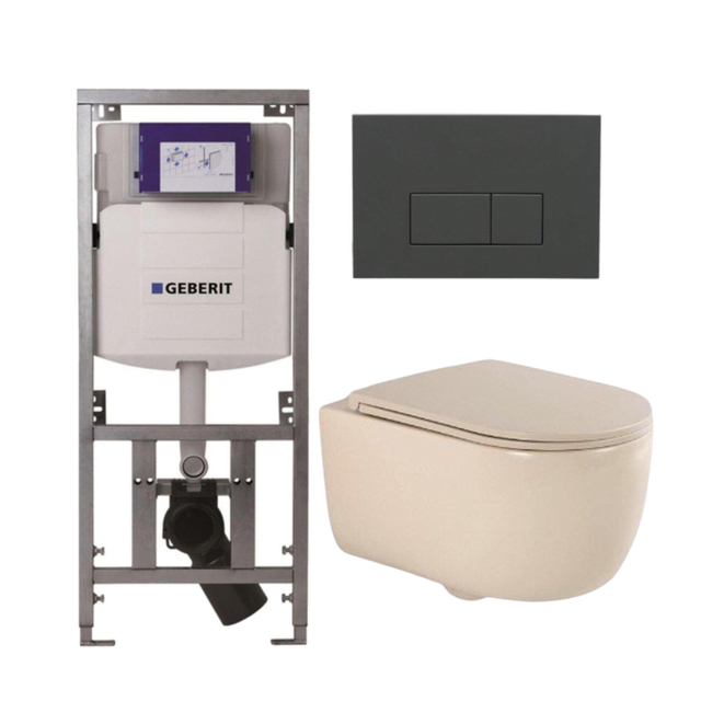Geberit QeramiQ Dely Swirl Toiletset - 36.3x51.7cm -  UP320 Burda inbouwreservoir - slimzitting - bedieningsplaat antraciet mat - rechthoekige knoppen - beige 0701131/SW1102377/SW1000770/SW1026259