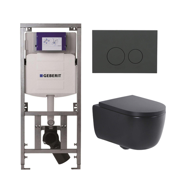 Geberit QeramiQ Dely Swirl Toiletset - 36.3x51.7cm -  UP320 Burda inbouwreservoir - 35mm zitting - bedieningsplaat mat antraciet - ronde knoppen - mat zwart 0701131/SW1102376/SW1000769/SW1026258