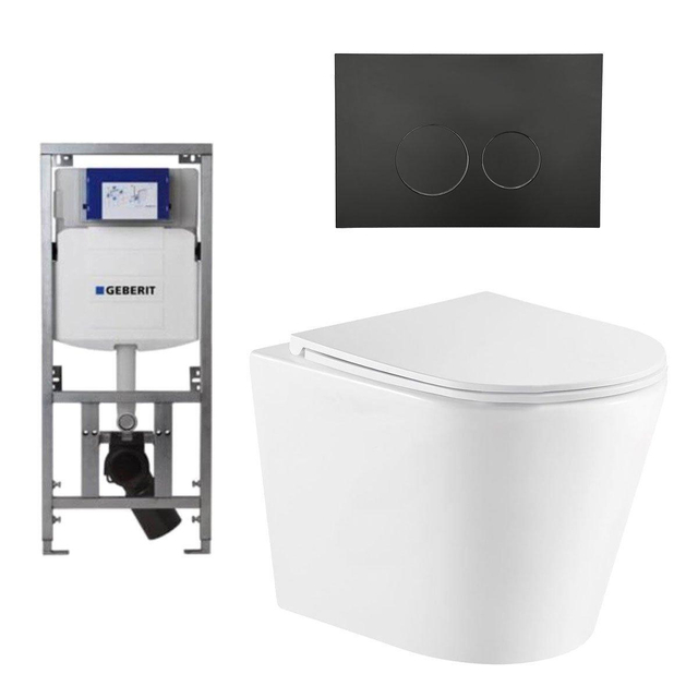 Geberit QeramiQ Dely Toiletset - 36.3x51.7cm - diepspoel - rimless -  UP320 Burda inbouwreservoir - softclose toiletzitting - mat zwarte bedieningsplaat - ronde knoppen - wit mat SW1000766/0701131/SW70
