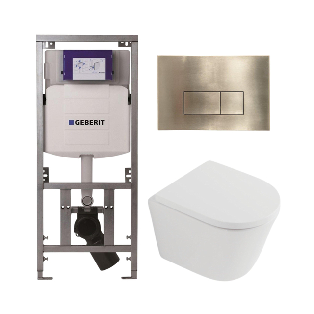 Geberit QeramiQ Dely Toiletset - 36.3x51.7cm - diepspoel - rimless -  UP320 inbouwreservoir - softclose toilet zitting 35 mm - geborsteld messing bedieningsplaat - rechthoekige knoppen - mat wit SW1026