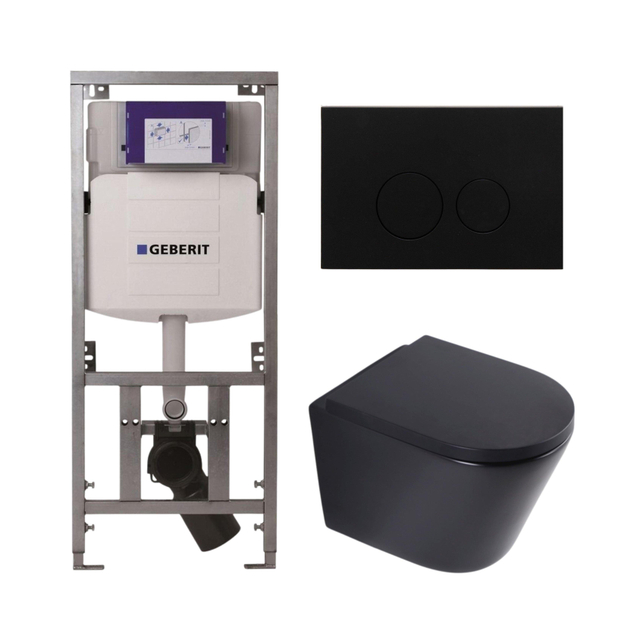 Geberit QeramiQ Dely Toiletset - 36.3x51.7cm - diepspoel - rimless -  UP320 inbouwreservoir - softclose toilet zitting 35 mm - metaal mat zwarte bedieningsplaat - ronde knoppen - mat zwart SW1026253/SW