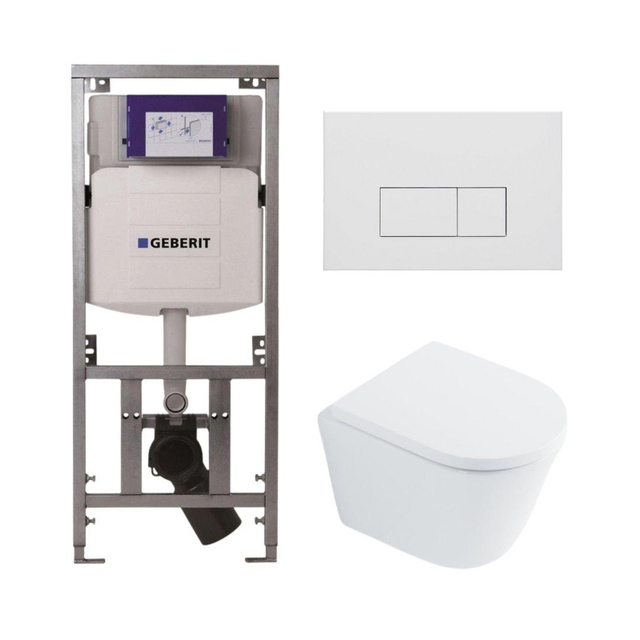 Geberit QeramiQ Dely Toiletset - 36.3x51.7cm - diepspoel - rimless -  UP320 Burda inbouwreservoir - softclose toilet zitting 35 mm - mat witte bedieningsplaat - rechthoekige knoppen - wit glans SW10262