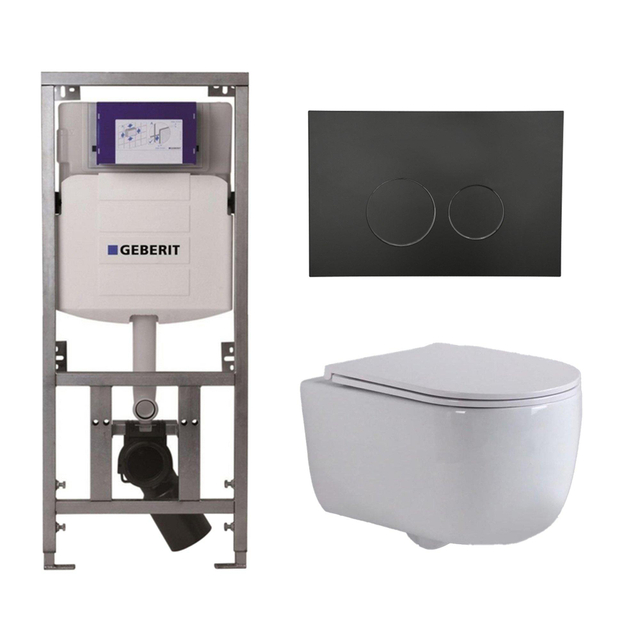 Geberit QeramiQ Dely Swirl Toiletset - 36.3x51.7cm -  UP320 Burda inbouwreservoir - slim zitting - mat zwarte metalen bedieningsplaat - ronde knoppen - wit glans 0701131/SW706192/SW1000766/SW1026256
