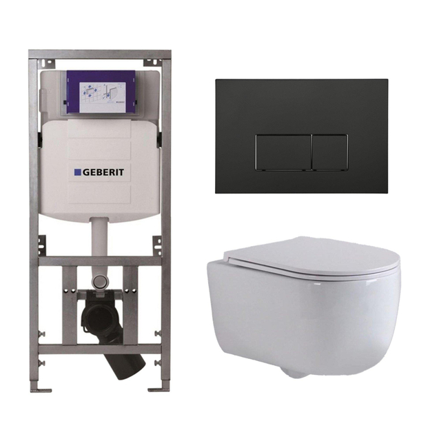Geberit QeramiQ Dely Swirl Toiletset - 36.3x51.7cm - diepspoel - rimless -  UP320 Burda inbouwreservoir - slim zitting - mat zwarte metalen bedieningsplaat - rechtehoekige knoppen - wit mat 0701131/SW7