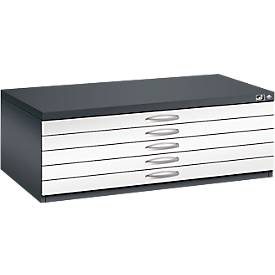 C und P Tekeningkast van staal, voor formaten tot A1, 5 schuifladen, zwartgrijs/verkeerswit