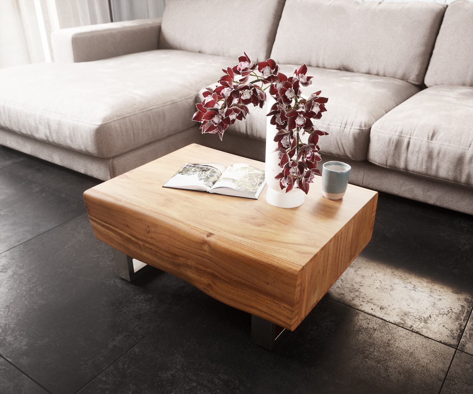 DELIFE Couchtisch New Live-Edge 80x60 cm Akazie Natur 2 Schubladen Kufe Edelstahl gebürstet