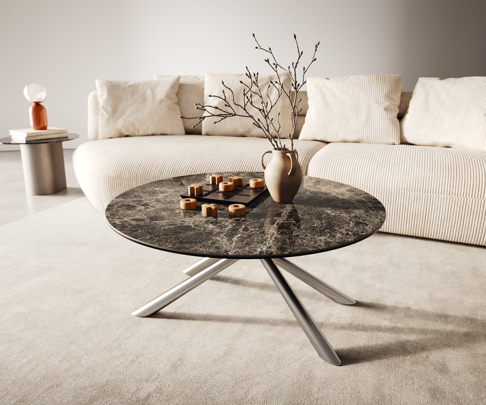 DELIFE Couchtisch Edge Rund 90x90 cm Keramik Laminam Emperador Extra Lucidato Dunkelbraun Sarity Edelstahl gebürstet