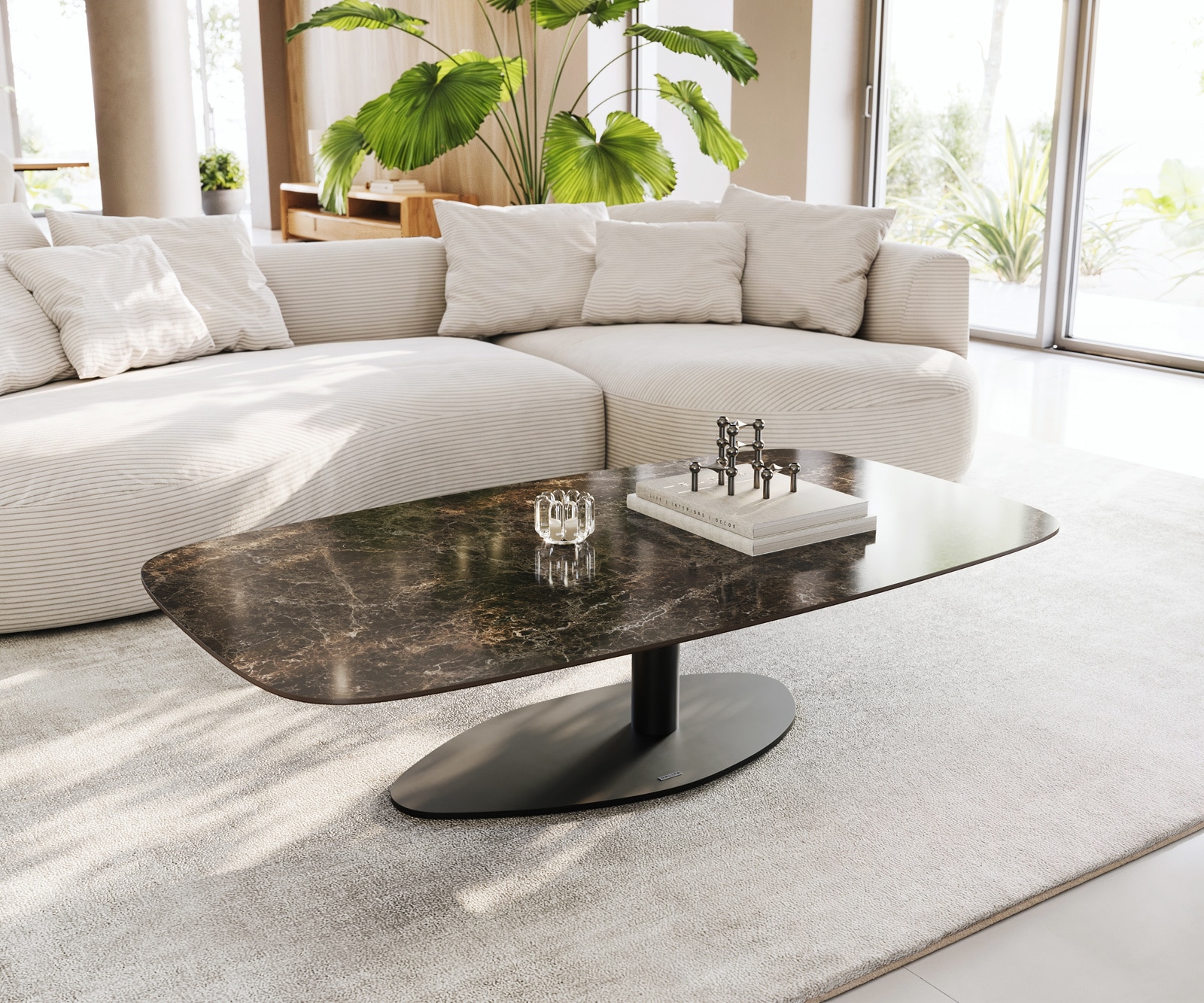 DELIFE Couchtisch Edge Boot 140x80 cm Keramik Laminam Emperador Extra Lucidato Dunkelbraun Vibany Metall Schwarz