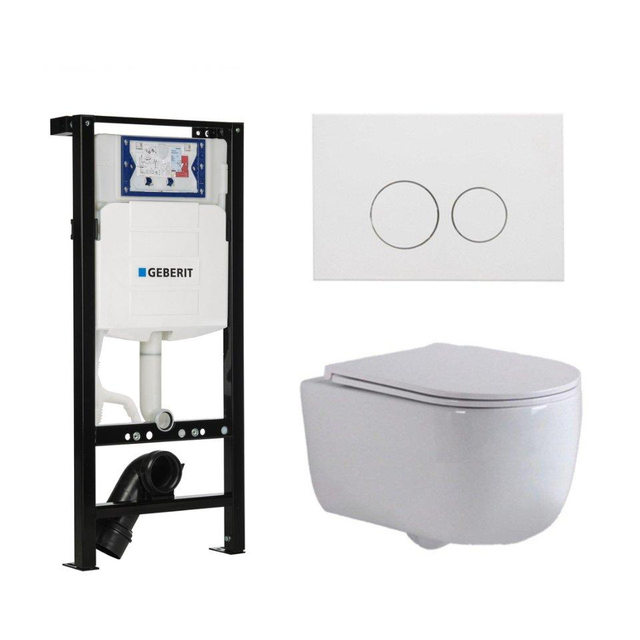 Geberit QeramiQ Dely Swirl Toiletset - 36.3x51.7cm - diepspoel - rimless -  UP320 plieger inbouwreservoir - slim zitting - mat witte metalen bedieningsplaat - ronde knoppen - wit mat SW1381697/SW706190