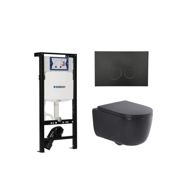 Geberit QeramiQ Dely Swirl Toiletset - 36.3x51.7cm -  UP320 plieger inbouwreservoir - 35mm zitting - mat zwarte metalen bedieningsplaat - ronde knoppen - mat zwart SW1381697/SW706192/SW1000769/SW102625