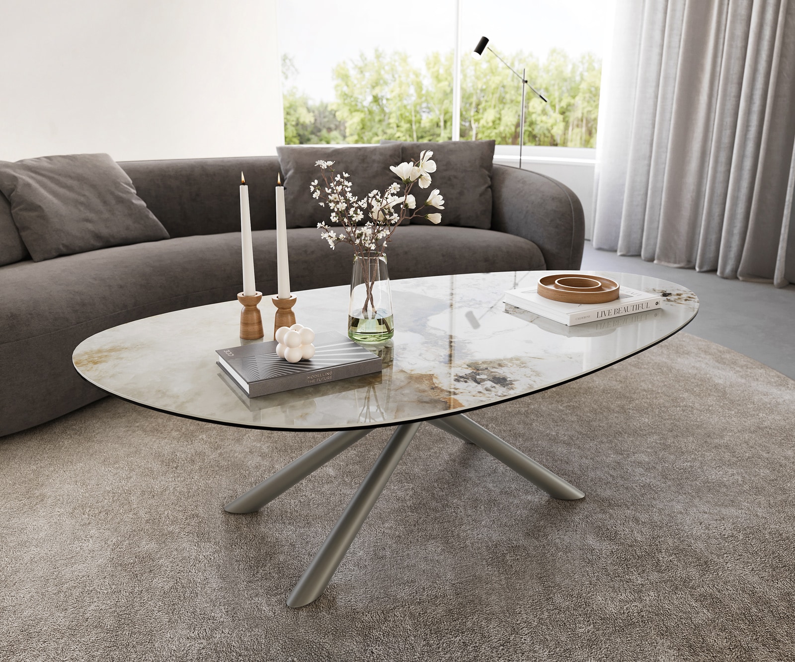 DELIFE Couchtisch Edge Oval 140x75 cm Keramik Minas Melange Sarity Metall Effektfinish Titan