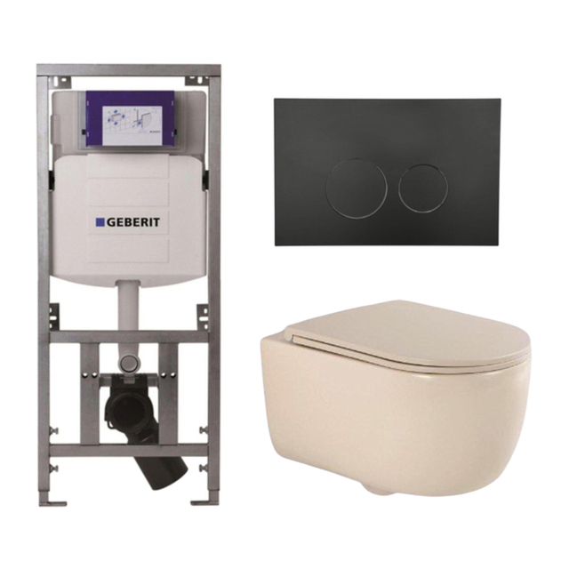 Geberit QeramiQ Dely Swirl Toiletset - 36.3x51.7cm -  UP320 inbouwreservoir - met Burda frame - slim zitting - mat zwarte bedieningsplaat - ronde knoppen - beige 0701131/SW706188/SW1000770/SW1026259