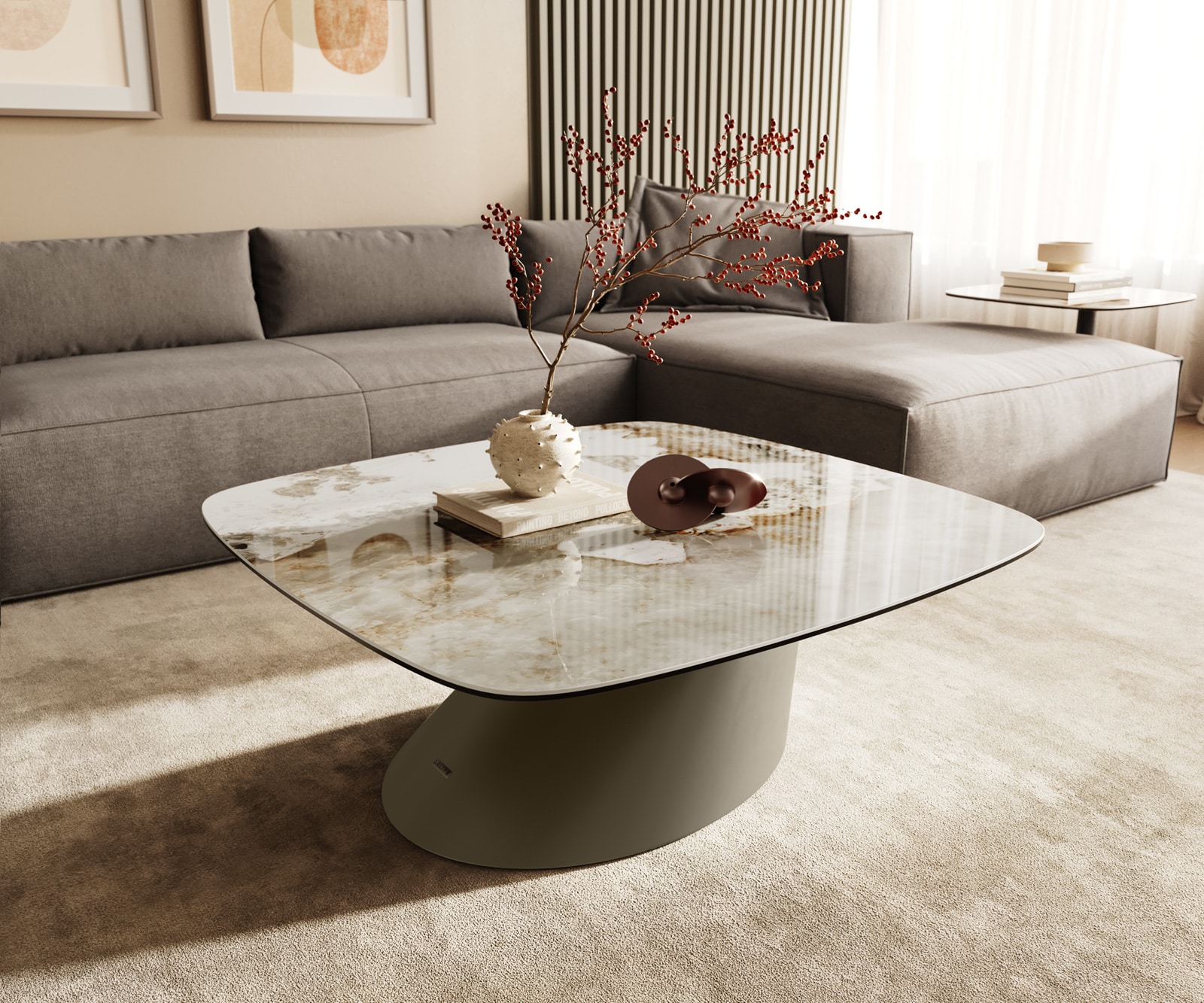 DELIFE Couchtisch Edge Boot 90x90 cm Keramik Minas Melange Conis Metall Effektfinish Titan