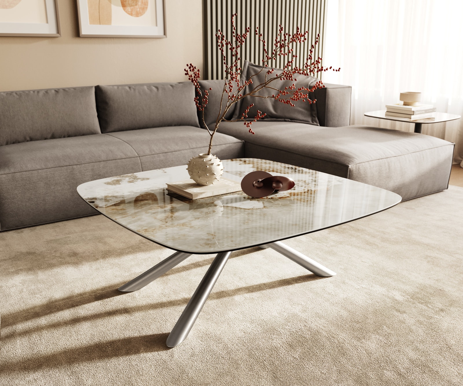 DELIFE Couchtisch Edge Boot 90x90 cm Keramik Minas Melange Sarity Edelstahl gebürstet