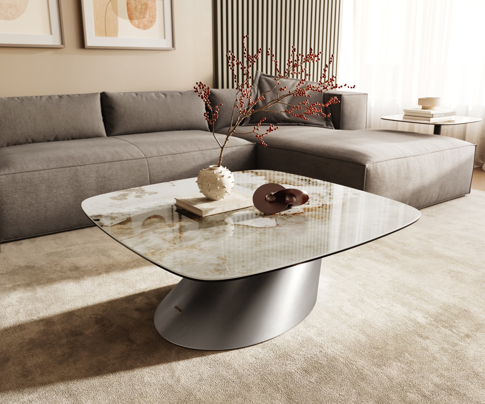 DELIFE Couchtisch Edge Boot 90x90 cm Keramik Minas Melange Conis Edelstahl gebürstet