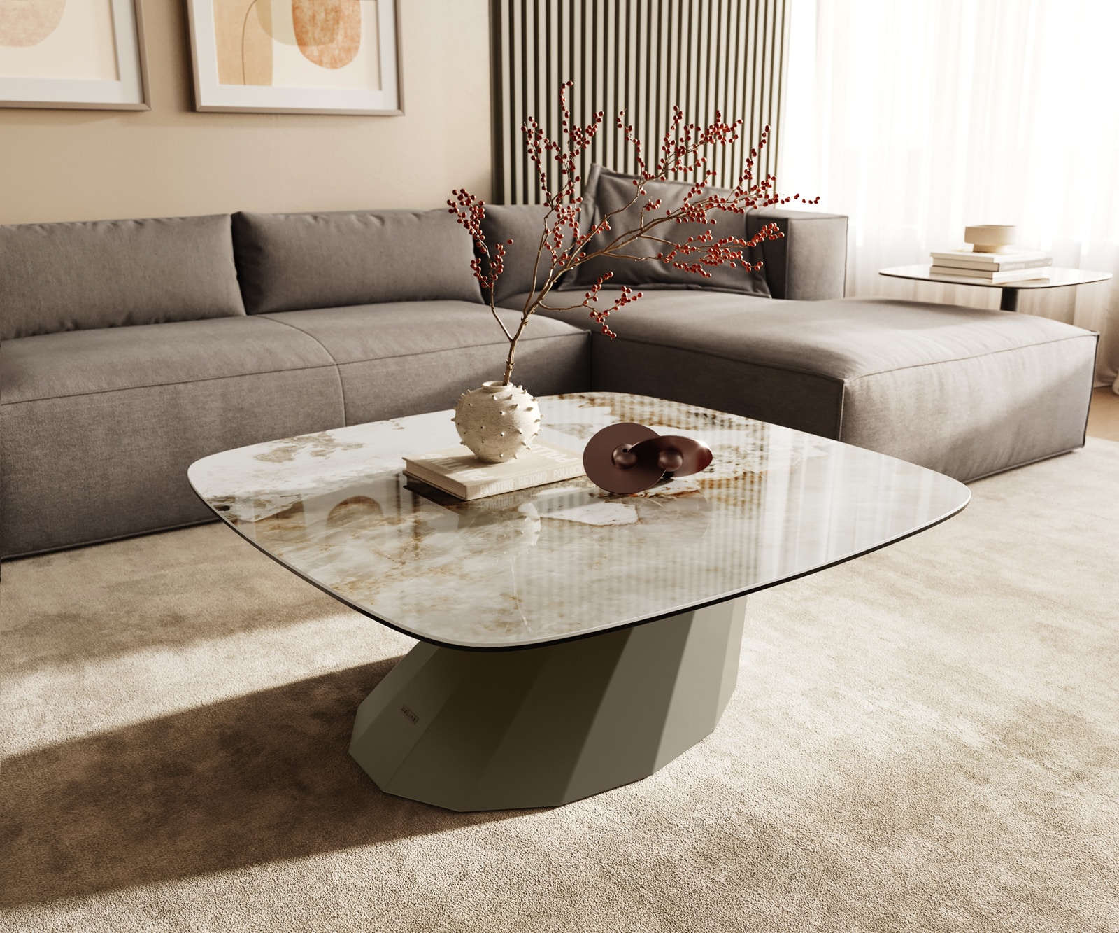 DELIFE Couchtisch Edge Boot 90x90 cm Keramik Minas Melange Parabi Metall Effektfinish Titan