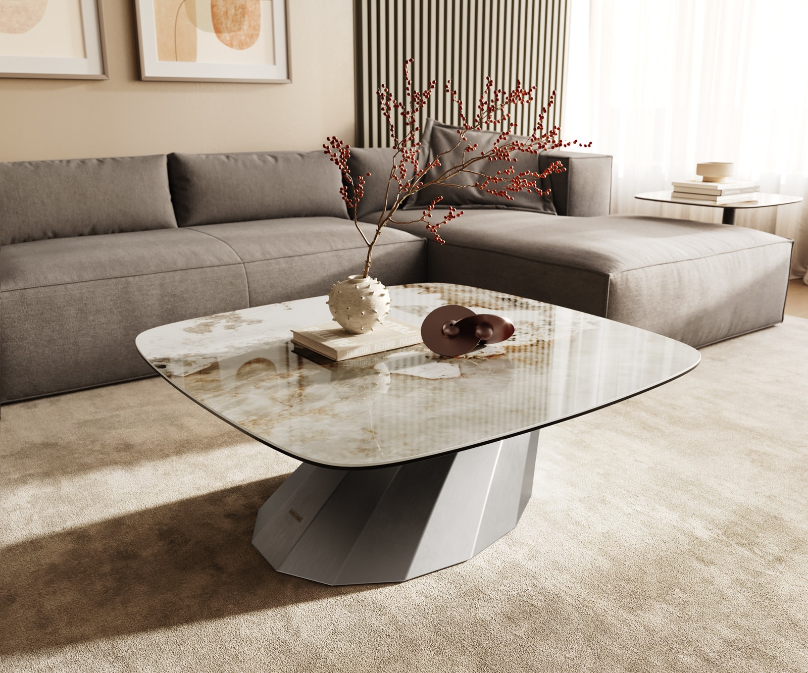 DELIFE Couchtisch Edge Boot 90x90 cm Keramik Minas Melange Parabi Edelstahl gebürstet